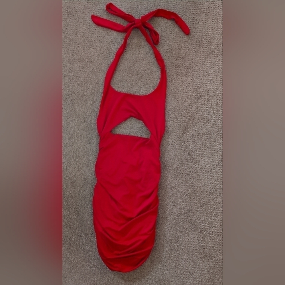 Women's Ruched Peek A Boo Center Red Bow Tie Swimsuit - Picture 2 of 5